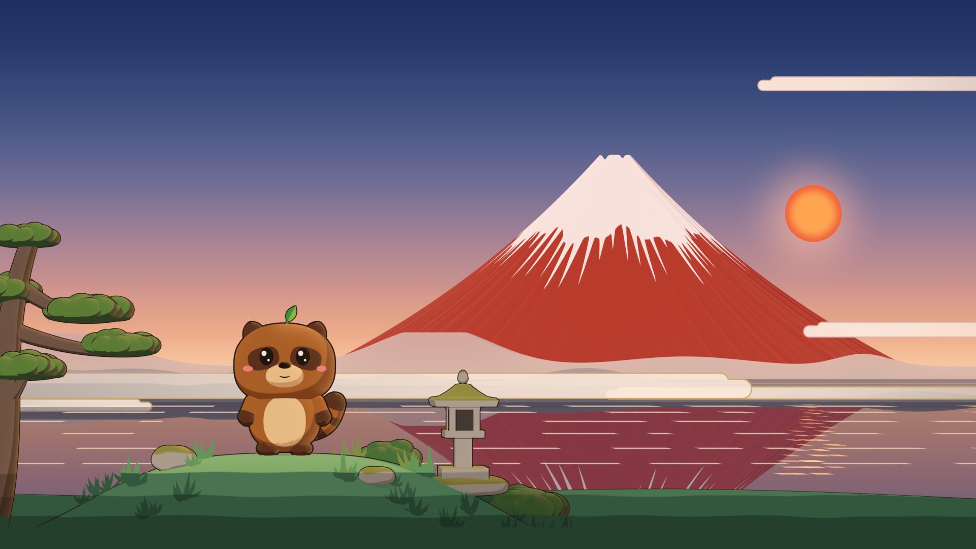 Tanu greeting you on a grassy rise by Lake Tanuki as the sun rises beside a red Mount Fuji