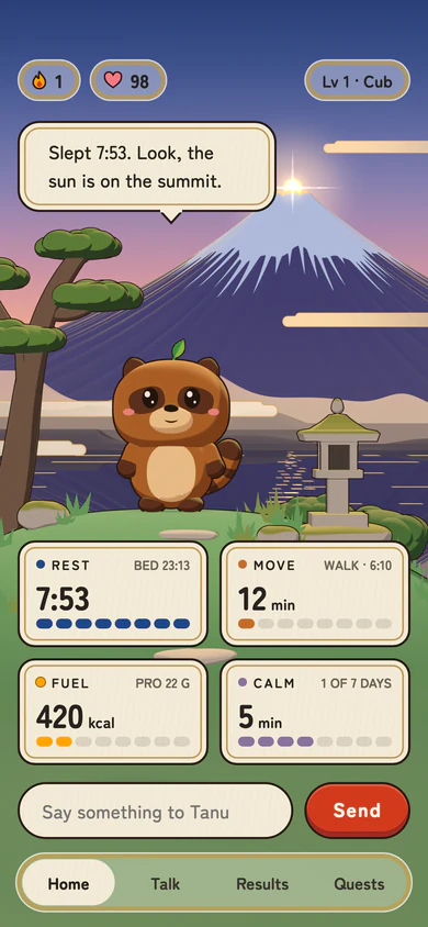 Tanudo's Home screen at dawn with the sun rising on Fuji's summit