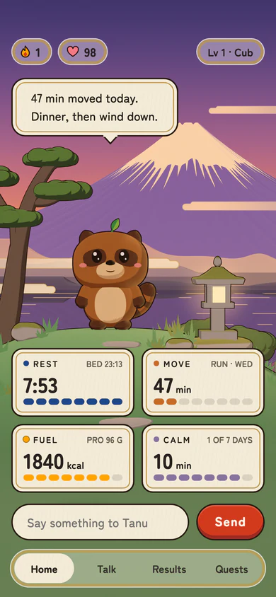 Tanudo's Home screen at dusk: Tanu by the lake with today's Rest, Move, Fuel and Calm