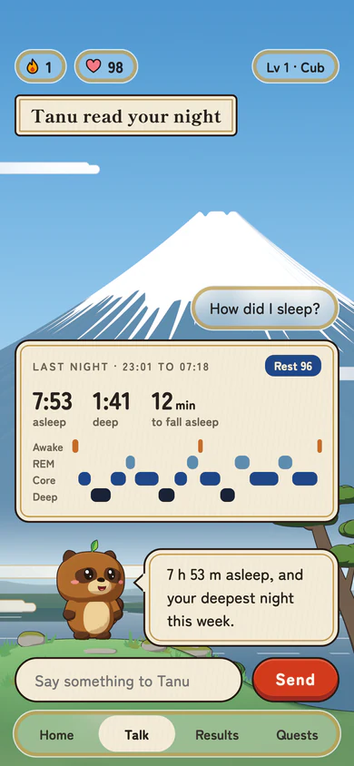 Tanudo's Talk screen: Tanu explaining last night's sleep stages